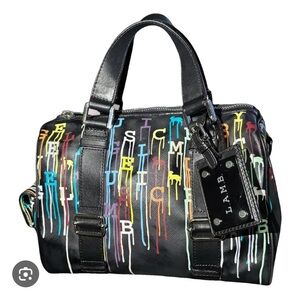 *RARE L.A.M.B. Black with Multicolor Graffiti Drip Satchel Barrel Bag